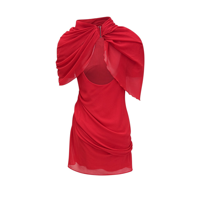 Dorotea Red Asymmetric Mini Dress with Open Back and Shoulder Pads