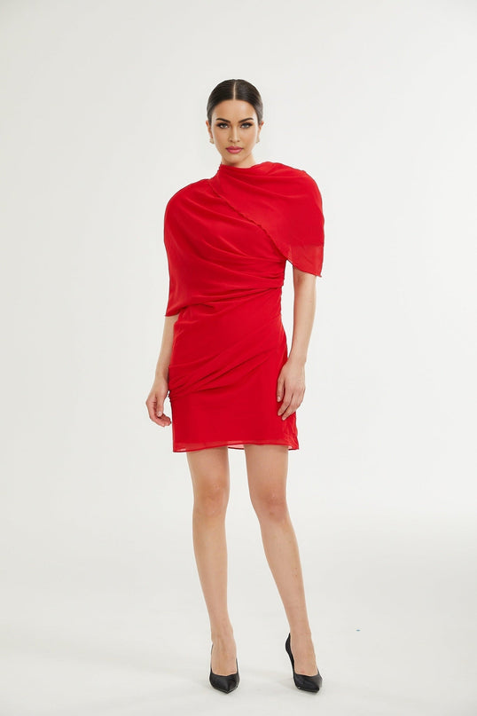 Dorotea Red Asymmetric Mini Dress with Open Back and Shoulder Pads