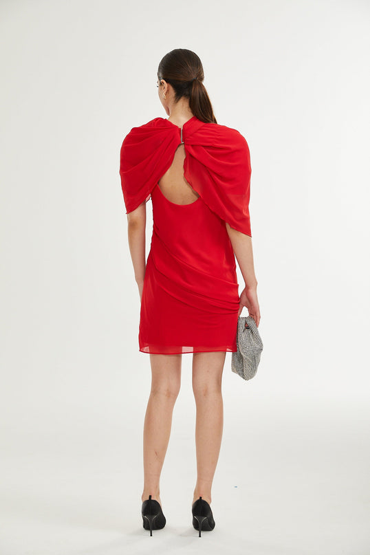 Dorotea Red Asymmetric Mini Dress with Open Back and Shoulder Pads