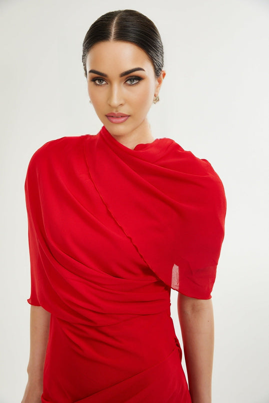 Dorotea Red Asymmetric Mini Dress with Open Back and Shoulder Pads