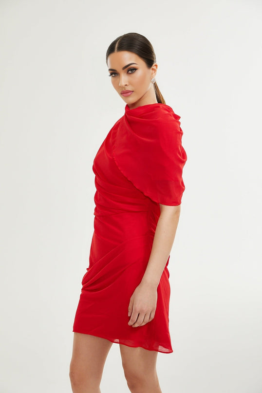 Dorotea Red Asymmetric Mini Dress with Open Back and Shoulder Pads