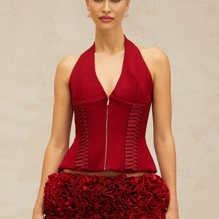 Dorotea Red Lace-up Halterneck Cropped Top