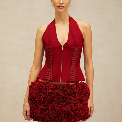 Dorotea Red Lace-up Halterneck Cropped Top Premium Terylene Fiber