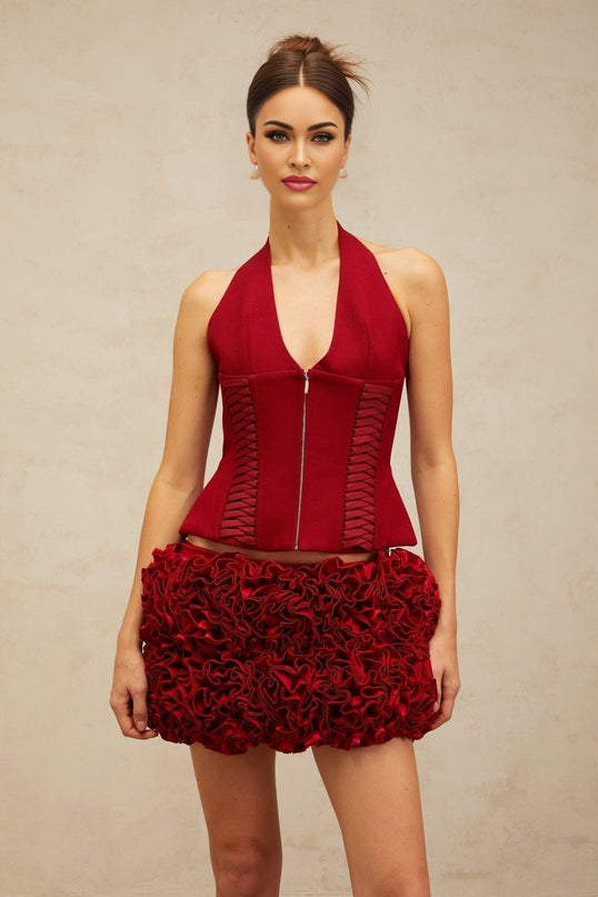 Dorotea Red Lace-up Halterneck Cropped Top Premium Terylene Fiber