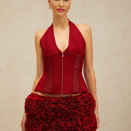 Dorotea Red Lace-up Halterneck Cropped Top