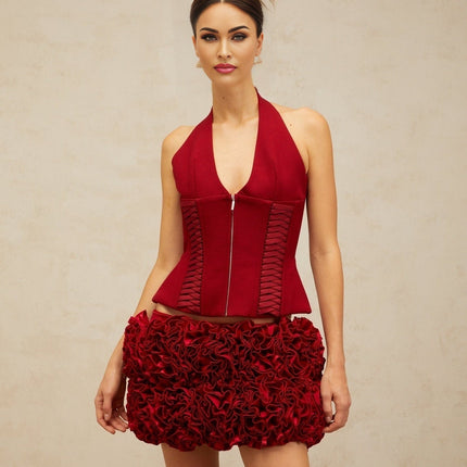 Dorotea Red Lace-up Halterneck Cropped Top