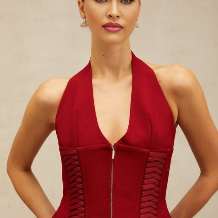 Dorotea Red Lace-up Halterneck Cropped Top Premium Terylene Fiber