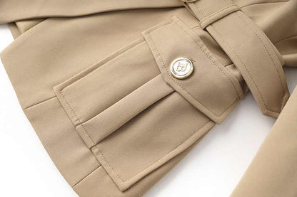 Double - Breasted Tailored Jacket with Unique Belt - Beige