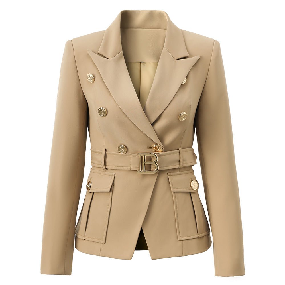 Double - Breasted Tailored Jacket with Unique Belt - Beige