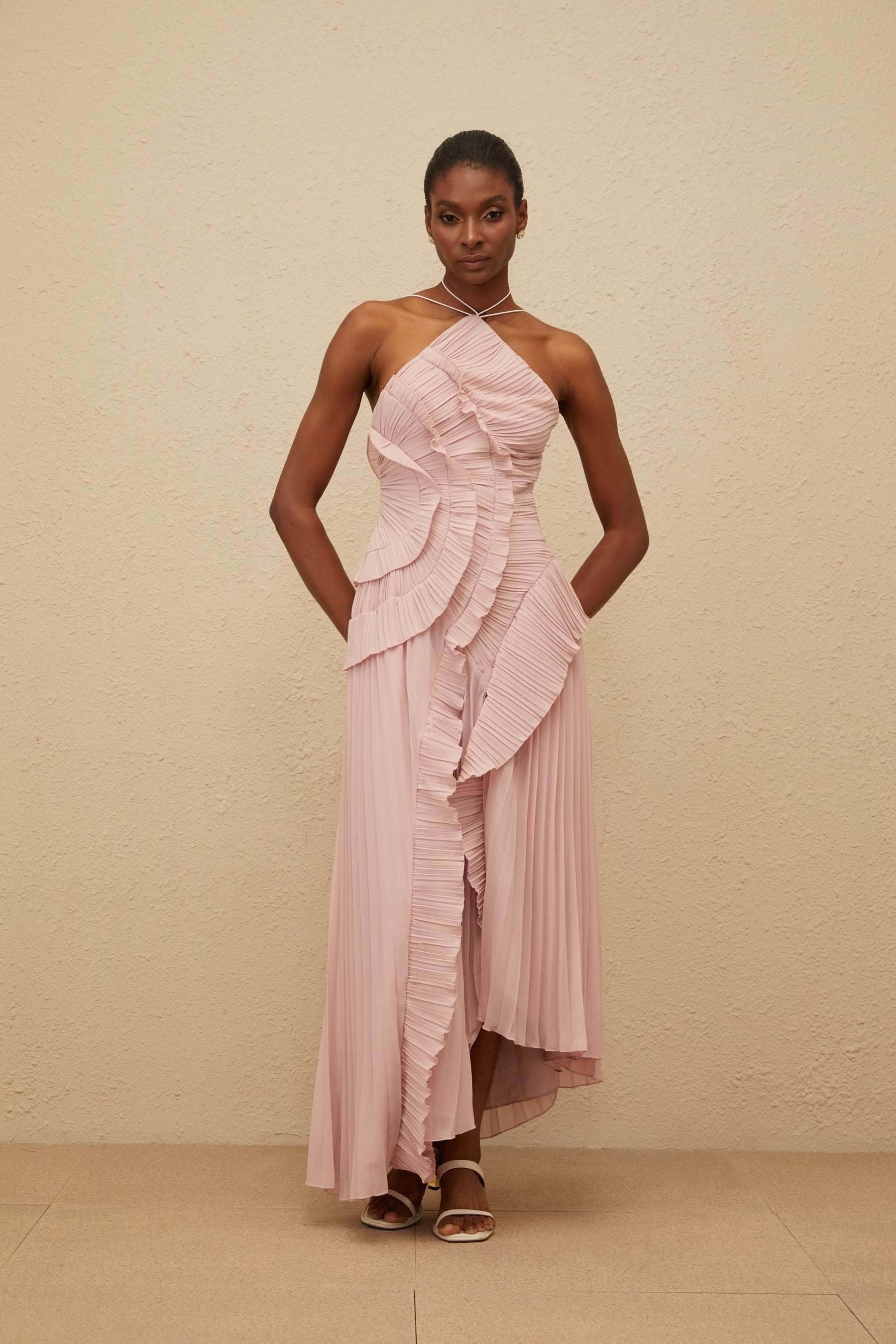 Doux Pink Ruffled Trim Pleated Midi Dress