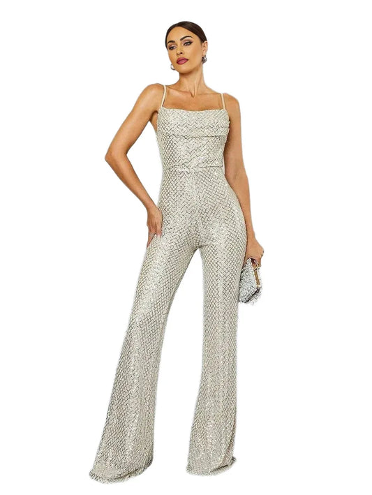 Draped Collar Sequin Cami Elegant Jumpsuit