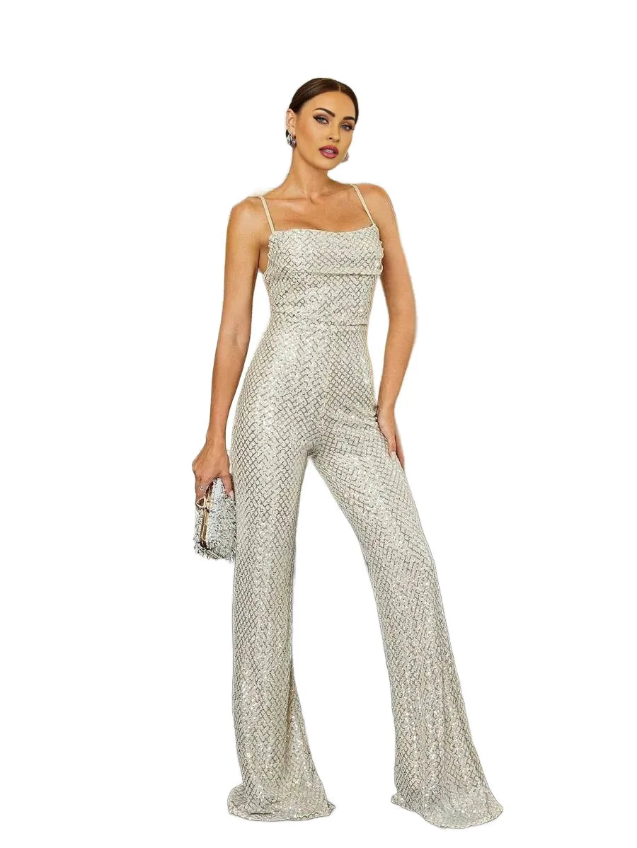 Draped Collar Sequin Cami Elegant Jumpsuit
