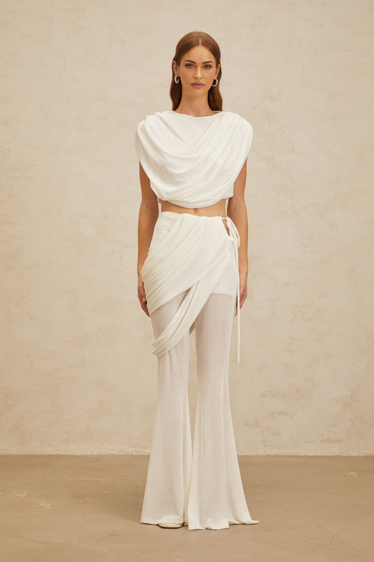 Dulcie White Asymmetrical Ruched Matching Set