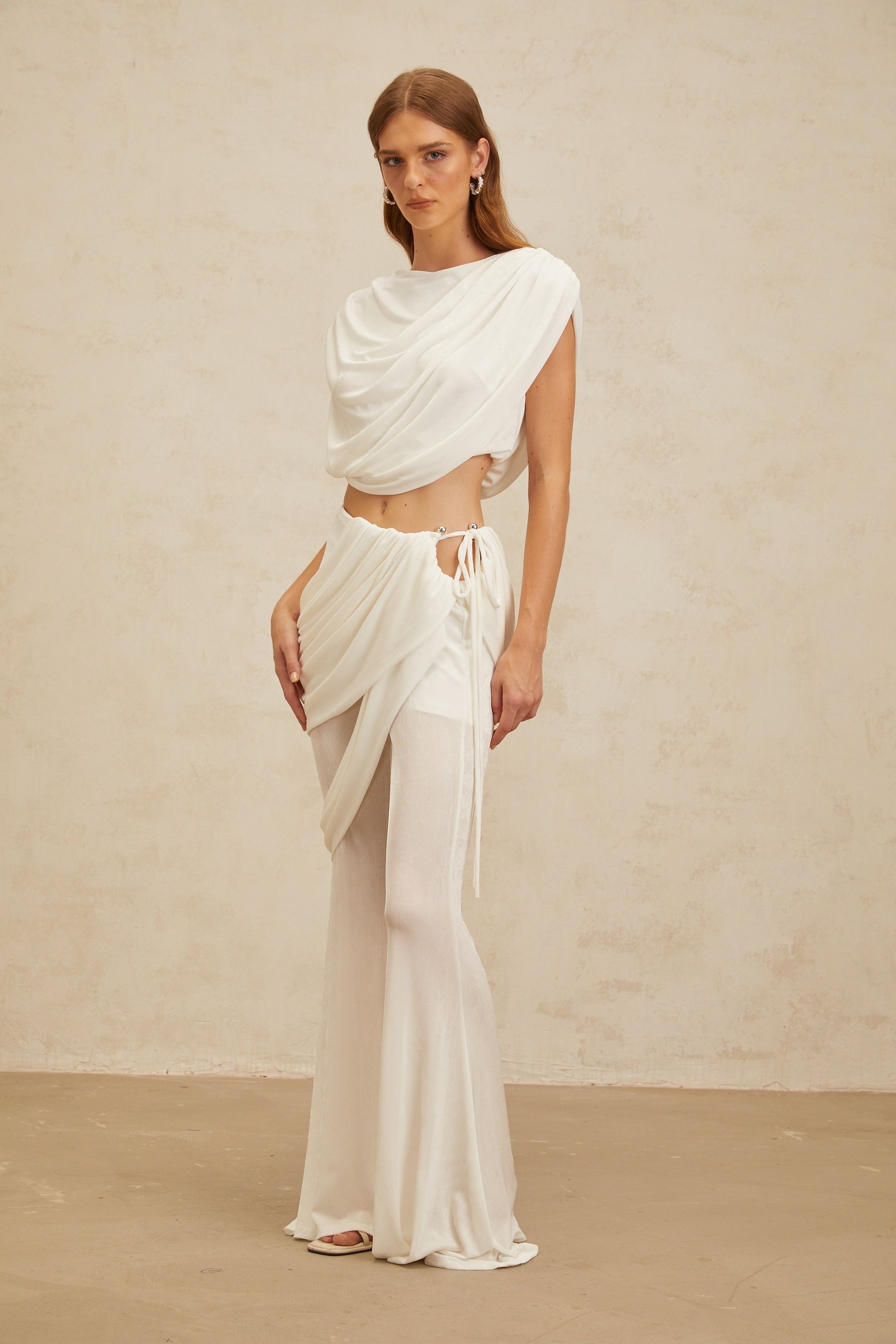 Dulcie White Asymmetrical Ruched Matching Set