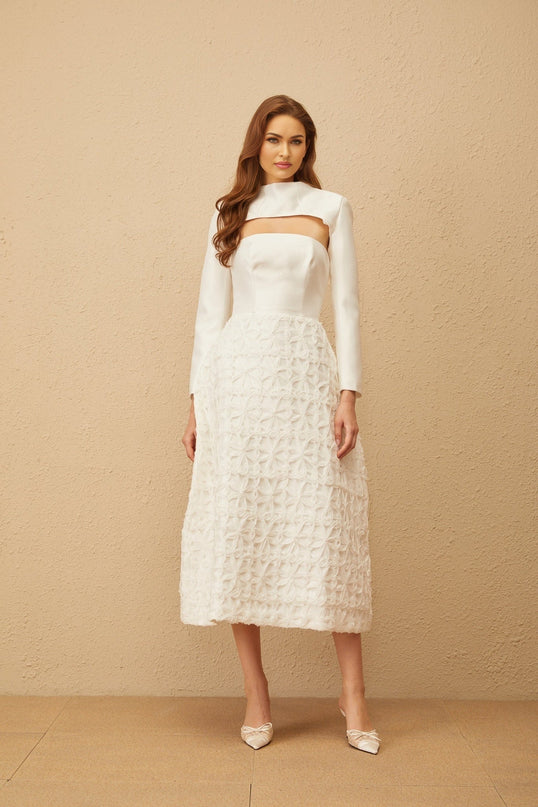 Dulcie White Floral Jacquard Shawl & Dress Set for Special Occasions