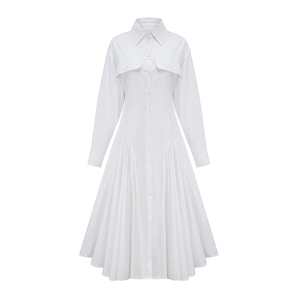 Dulcie White Front-Slit Shirred Shirt Dress 100% Cotton Spread Collar Long Sleeves Fitted Waistline Front Button Fastening Chest Flap Pockets Ankle-Length Modern Elegant Sophisticated Luxury
