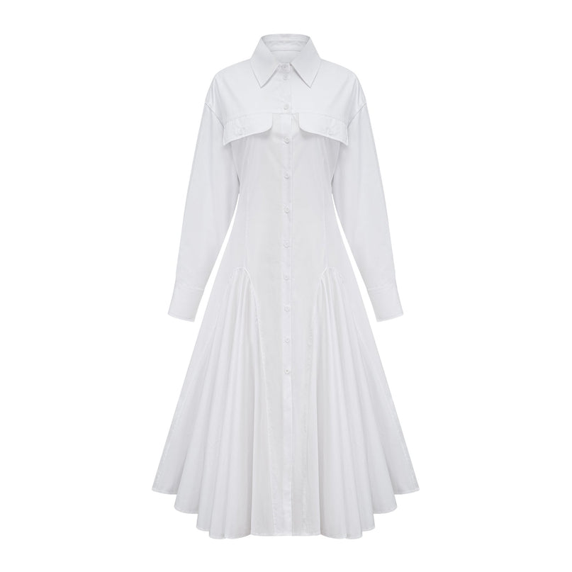 Dulcie White Front-Slit Shirred Shirt Dress 100% Cotton Spread Collar Long Sleeves Fitted Waistline Front Button Fastening Chest Flap Pockets Ankle-Length Modern Elegant Sophisticated Luxury