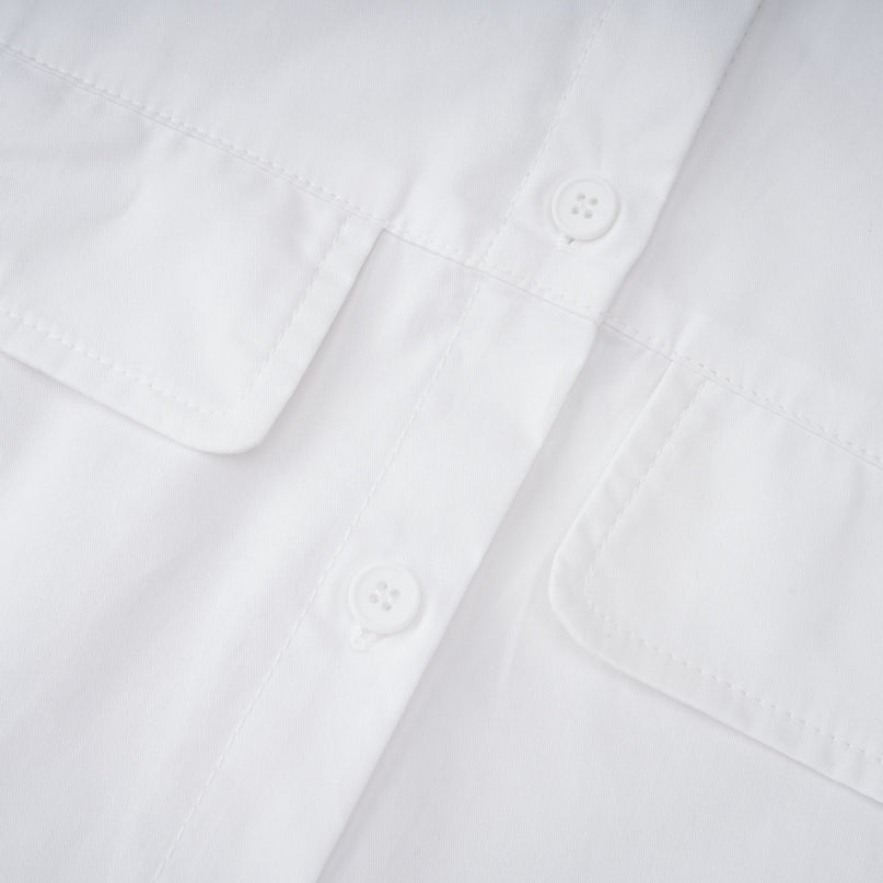 Dulcie White Front-Slit Shirred Shirt Dress 100% Cotton Spread Collar Long Sleeves Fitted Waistline Front Button Fastening Chest Flap Pockets Ankle-Length Modern Elegant Sophisticated Luxury Sophistication