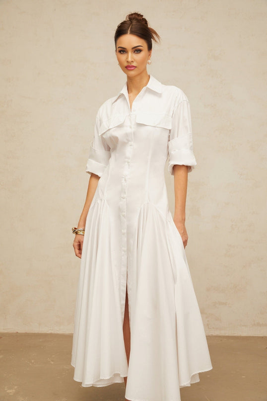 Dulcie White Front-Slit Shirred Shirt Dress 100% Cotton Spread Collar Long Sleeves Fitted Waistline Front Button Fastening Chest Flap Pockets Ankle-Length