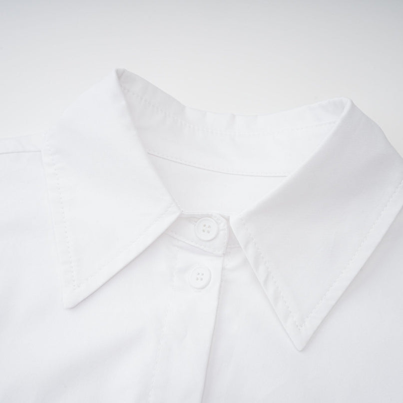 Dulcie White Front-Slit Shirred Shirt Dress 100% Cotton Spread Collar Long Sleeves Fitted Waistline Front Button Fastening Chest Flap Pockets Ankle-Length Modern Elegant Sophisticated Luxury