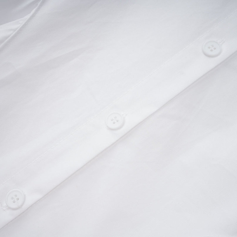 Dulcie White Front-Slit Shirred Shirt Dress 100 Percent Cotton Long Sleeves Fitted Waistline Spread Collar Front Button Fastening Chest Flap Pockets Ankle-Length Dress Modern Elegant Sophisticated Luxury