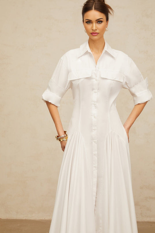 Dulcie White Front-Slit Shirred Shirt Dress 100% Cotton Spread Collar Long Sleeves Fitted Waistline Shirred Effect Front Slit Front Button Fastening Chest Flap Pockets Luxury Sophistication