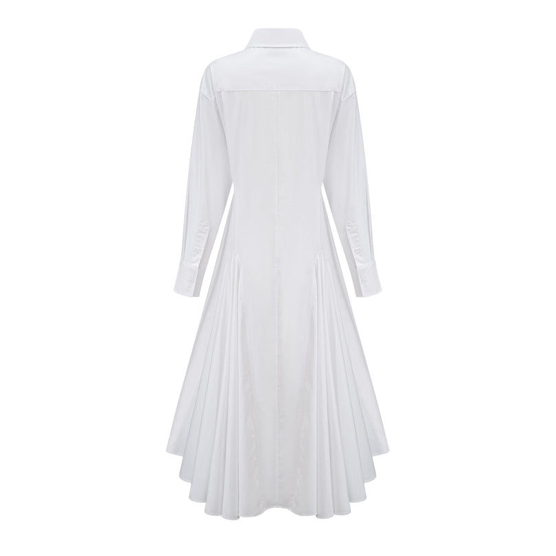 Dulcie White Front-Slit Shirred Shirt Dress 100 Percent Cotton Long Sleeve Ankle-Length Fitted Waistline Spread Collar Modern Front Button Fastening Chest Flap Pockets Luxury Sophistication