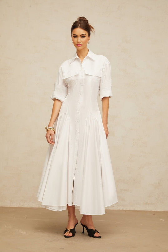 Dulcie White Front-Slit Shirred Shirt Dress 100% Cotton Spread Collar Long Sleeves Fitted Waistline Front Button Fastening Chest Flap Pockets Ankle-Length Modern Elegant Sophisticated