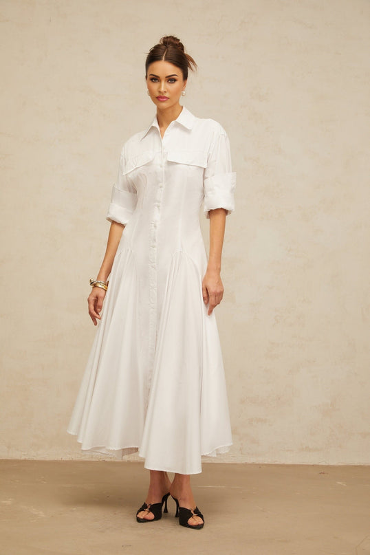 Dulcie White Front-Slit Shirred Shirt Dress 100% Cotton Spread Collar Long Sleeves Fitted Waistline Front Button Fastening Chest Flap Pockets Ankle-Length Modern Elegant Sophisticated Luxury