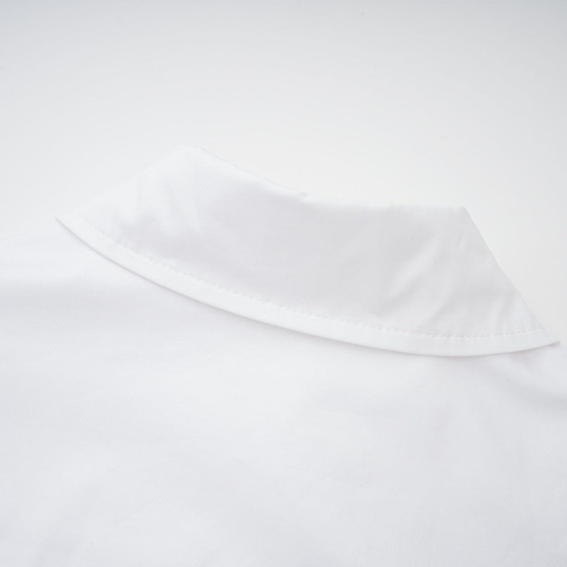 Dulcie White Front Slit Shirred Shirt Dress 100 Percent Cotton Spread Collar Long Sleeves Fitted Waistline Front Button Fastening Chest Flap Pockets Ankle Length Modern Elegant Sophisticated