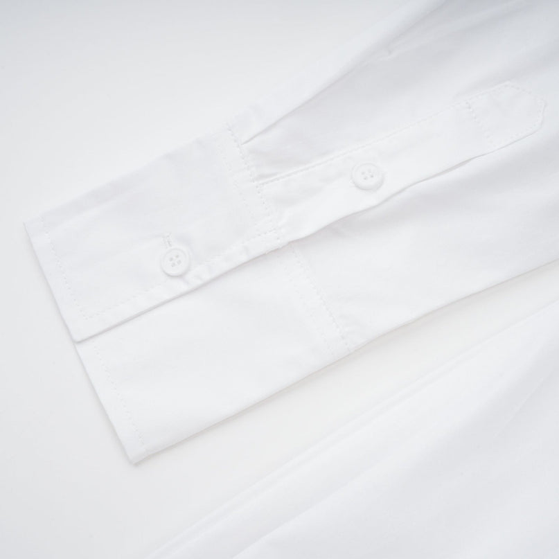 Dulcie White Front-Slit Shirred Shirt Dress 100% Cotton Spread Collar Long Sleeves Fitted Waistline Modern Front Slit Button Fastening Chest Flap Pockets Luxury Sophistication