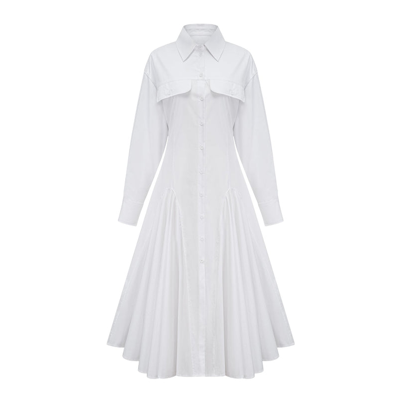Dulcie white frontslit shirred shirt dress