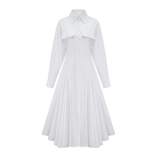 Dulcie white frontslit shirred shirt dress