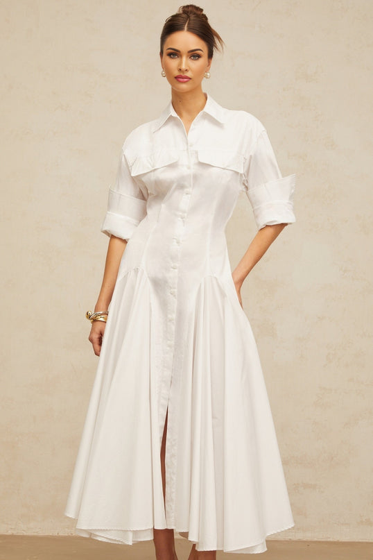 Dulcie white frontslit shirred shirt dress