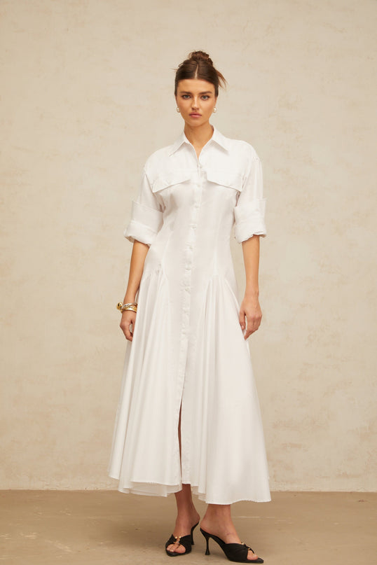 Dulcie white frontslit shirred shirt dress