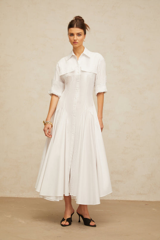 Dulcie white frontslit shirred shirt dress