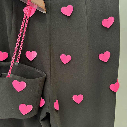 Dylan Black Heart Pattern Crop Top Flared Pants Pink Accents Braided Straps Youthful Trendy Style