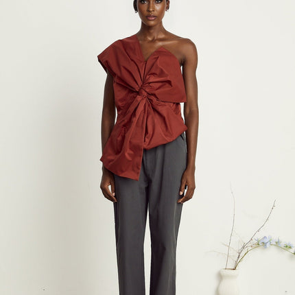 Dylan Dark Red Asymmetric One-Shoulder Top with Oversized Bow Detail