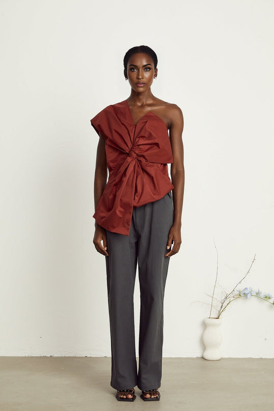 Dylan Dark Red Asymmetric One-Shoulder Top with Oversized Bow Detail