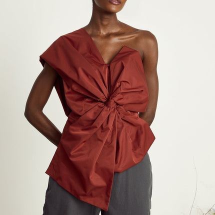 Dylan Dark Red Asymmetric One-Shoulder Top with Oversized Bow Detail