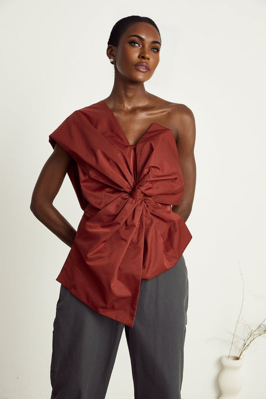 Dylan Dark Red Asymmetric One-Shoulder Top with Oversized Bow Detail