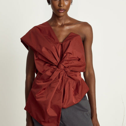Dylan Dark Red Asymmetric One-Shoulder Top with Oversized Bow Detail