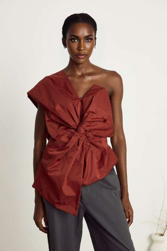 Dylan Dark Red Asymmetric One-Shoulder Top with Oversized Bow Detail