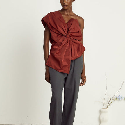 Dylan Dark Red Asymmetric One-Shoulder Top with Oversized Bow Detail and Twisted Detailing