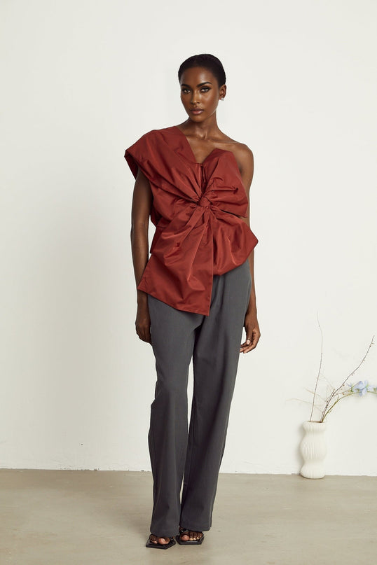 Dylan Dark Red Asymmetric One-Shoulder Top with Oversized Bow Detail and Twisted Detailing