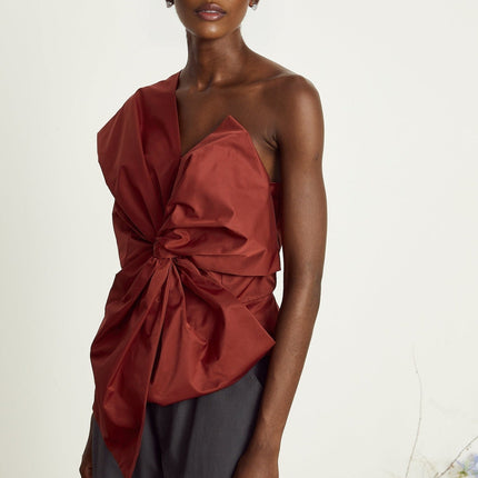 Dylan Dark Red Asymmetric One-Shoulder Top with Oversized Bow Detail