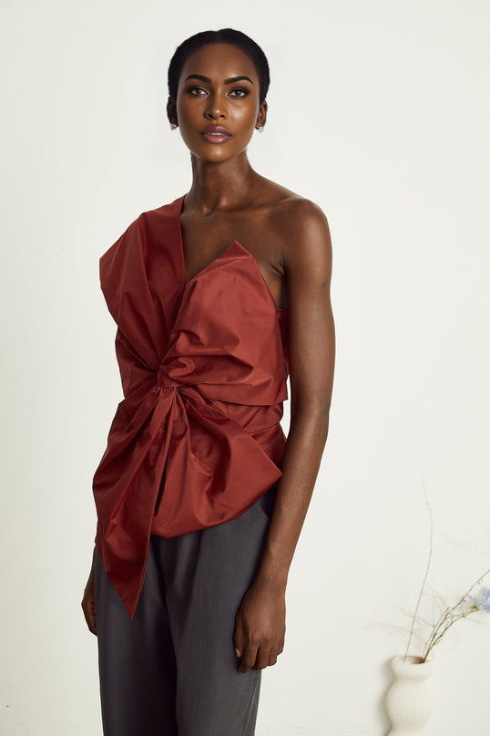 Dylan Dark Red Asymmetric One-Shoulder Top with Oversized Bow Detail