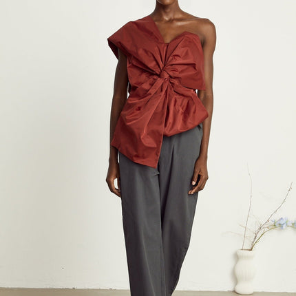 Dylan Dark Red One-Shoulder Asymmetric Bow Detail Top