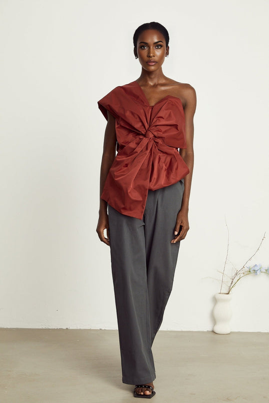 Dylan Dark Red One-Shoulder Asymmetric Bow Detail Top