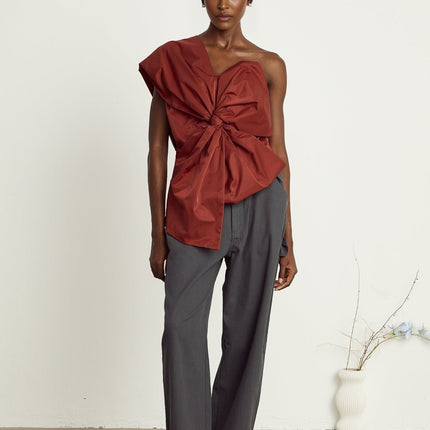 Dylan Dark Red One Shoulder Asymmetric Bow Detail Top